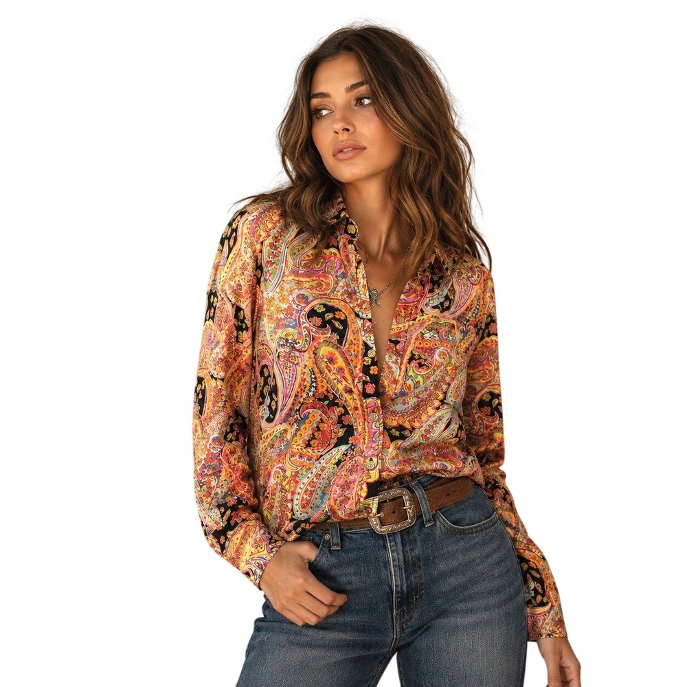 Chaps Multicolor Paisley Long Sleeve Shirt M Floral Cotton Button Up Retro Art